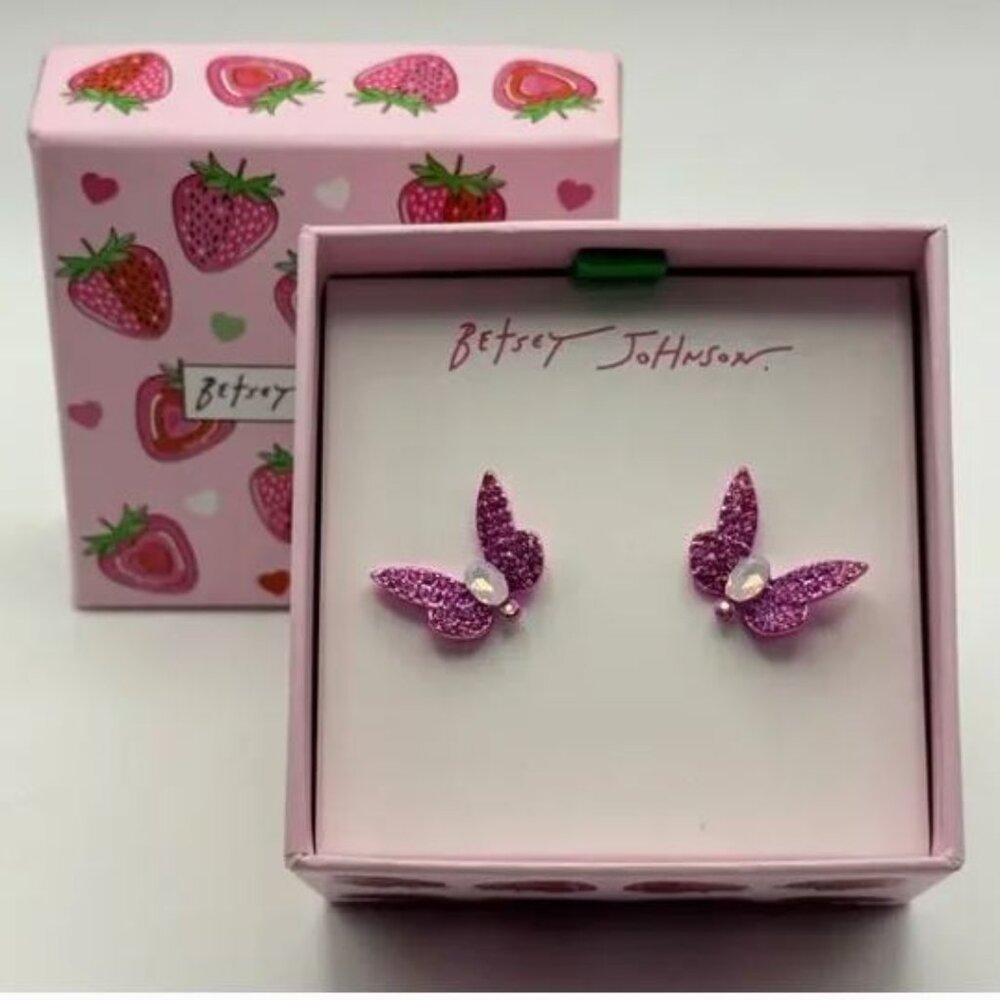 NWT Betsey Johnson Garden Glam Butterfly Stud Fushia Earrings